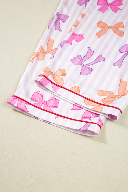 Pink Striped Bow Print Contrast Trim Pajama Set