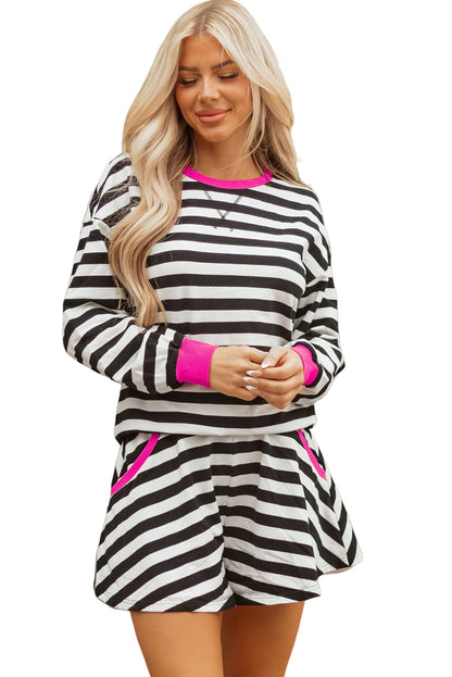 Women's Stripe Long Sleeve Top and Shorts Set