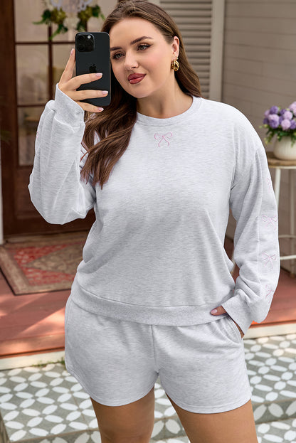 Bow Embroidered Pullover and Shorts Plus Size Set