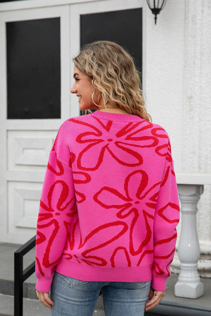 Bold Floral Crewneck Knit Sweater – Fall Street Style