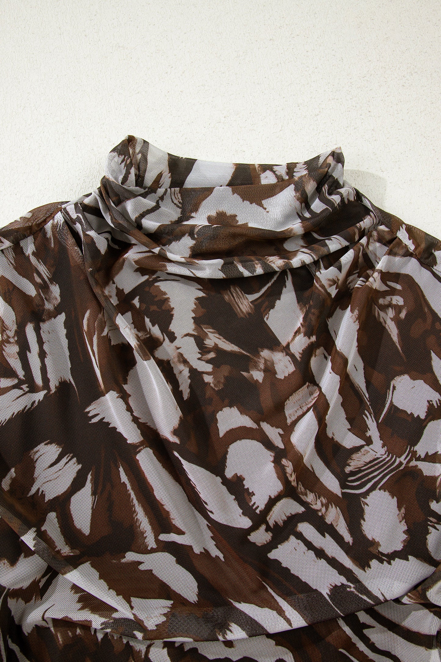 Brown Abstract Mesh Cowl Neck Ruched Midi Dress