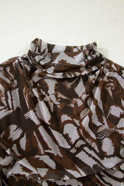 Brown Abstract Mesh Cowl Neck Ruched Midi Dress