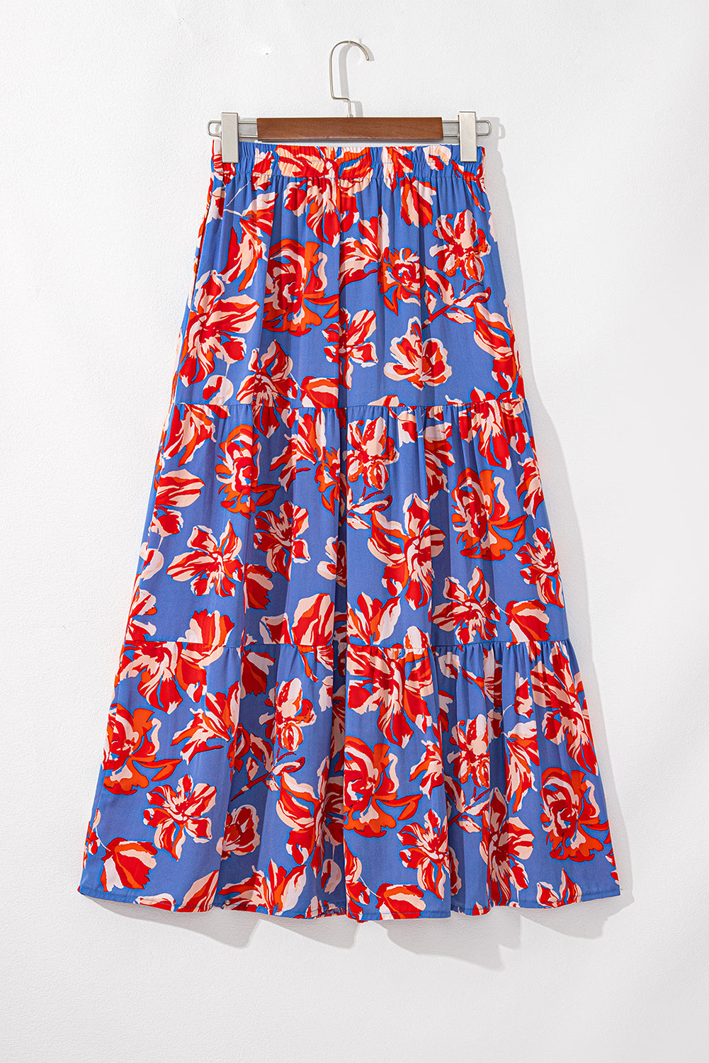 Blue Bohemian Floral Print Tiered Maxi Skirt with Split