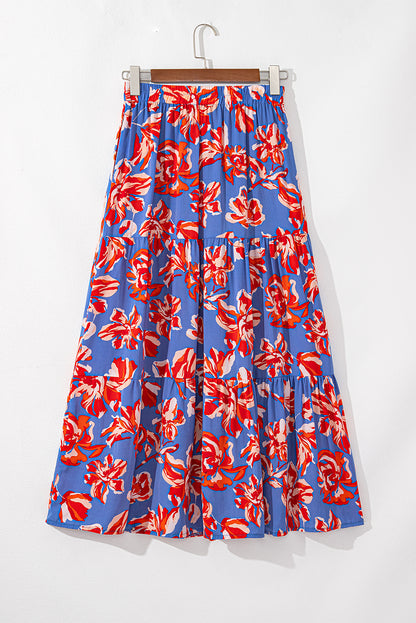 Blue Bohemian Floral Print Tiered Maxi Skirt with Split