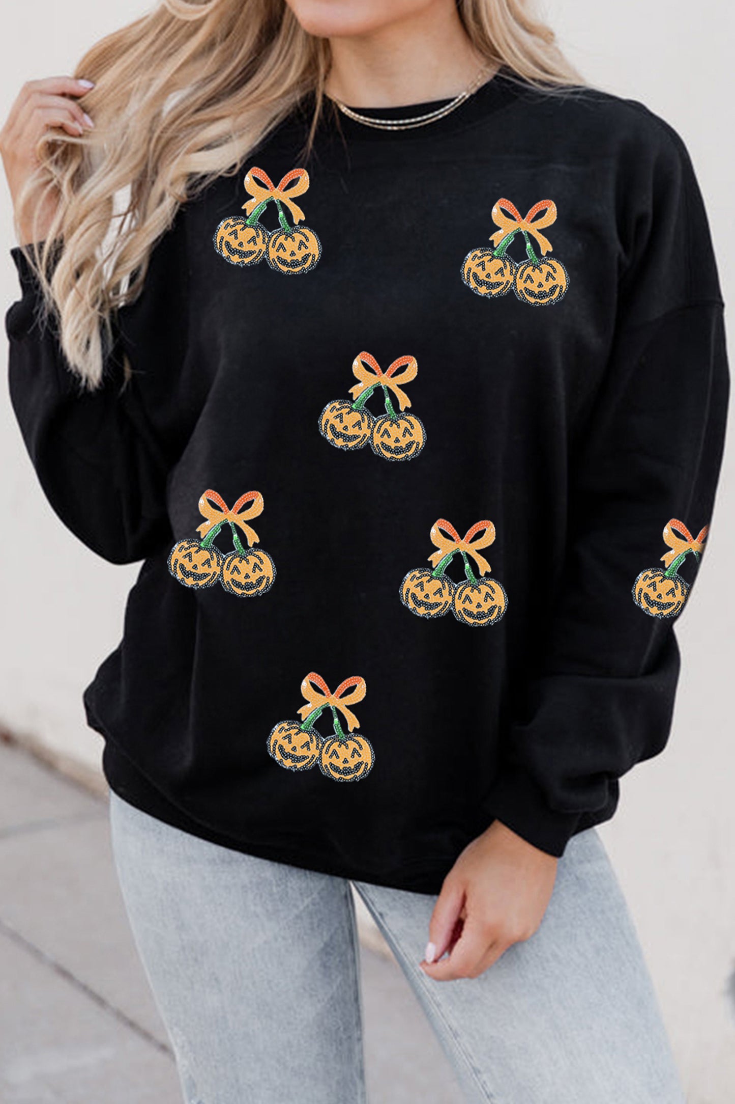 Sequin Pumpkin Bow Halloween Oversized Sweatshirt