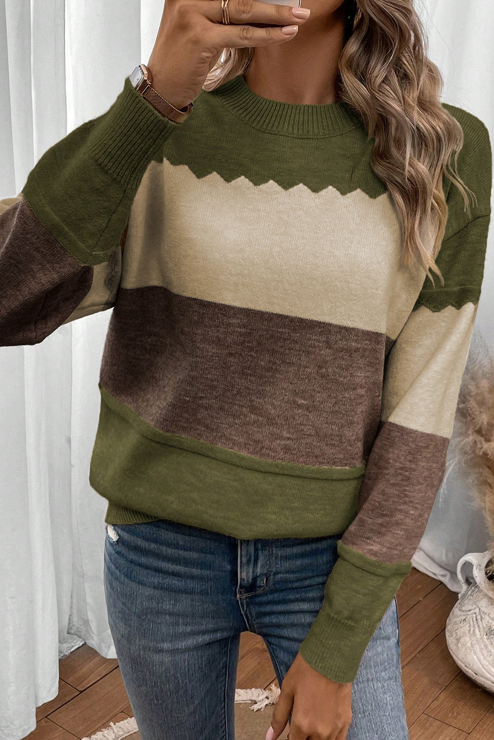 Black Beige Brown Colorblock Drop Shoulder Knit Sweater
