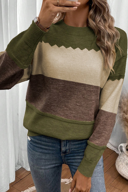 Black Beige Brown Colorblock Drop Shoulder Knit Sweater