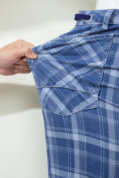 Plaid Denim Drawstring Wide Leg Utility Jeans