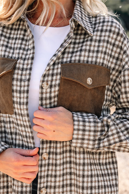 Plaid Shacket with Contrast Corduroy Flap Pockets