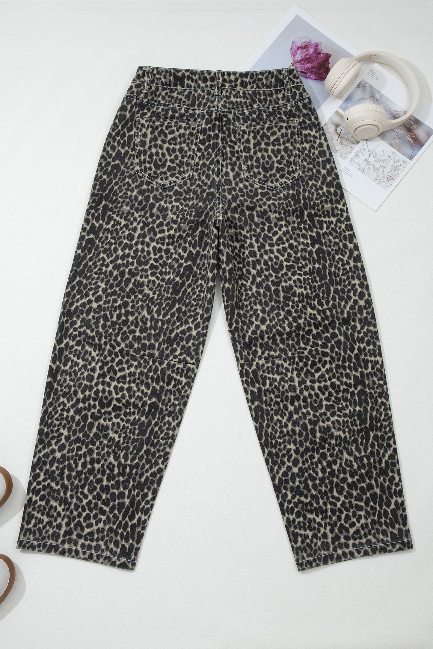 Black Leopard Print High Waist Barrel Leg Jeans