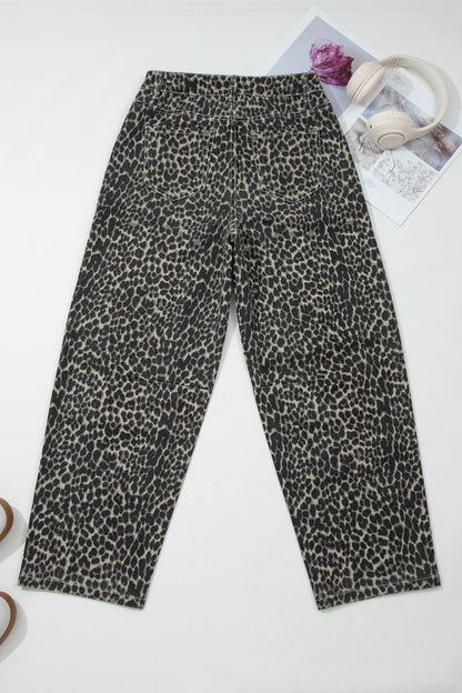Black Leopard Print High Waist Barrel Leg Jeans