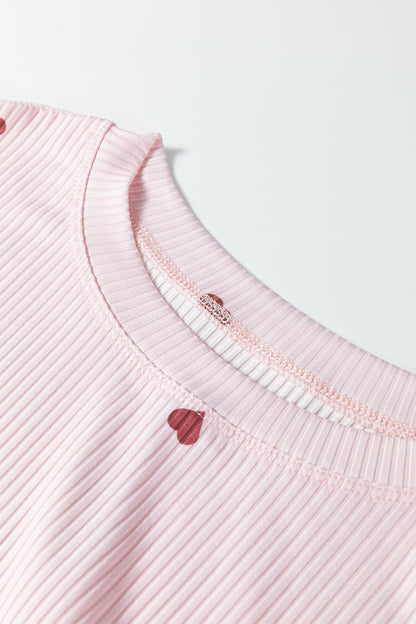 Pink Heart Print Ribbed Knit Valentine Lounge Short Set