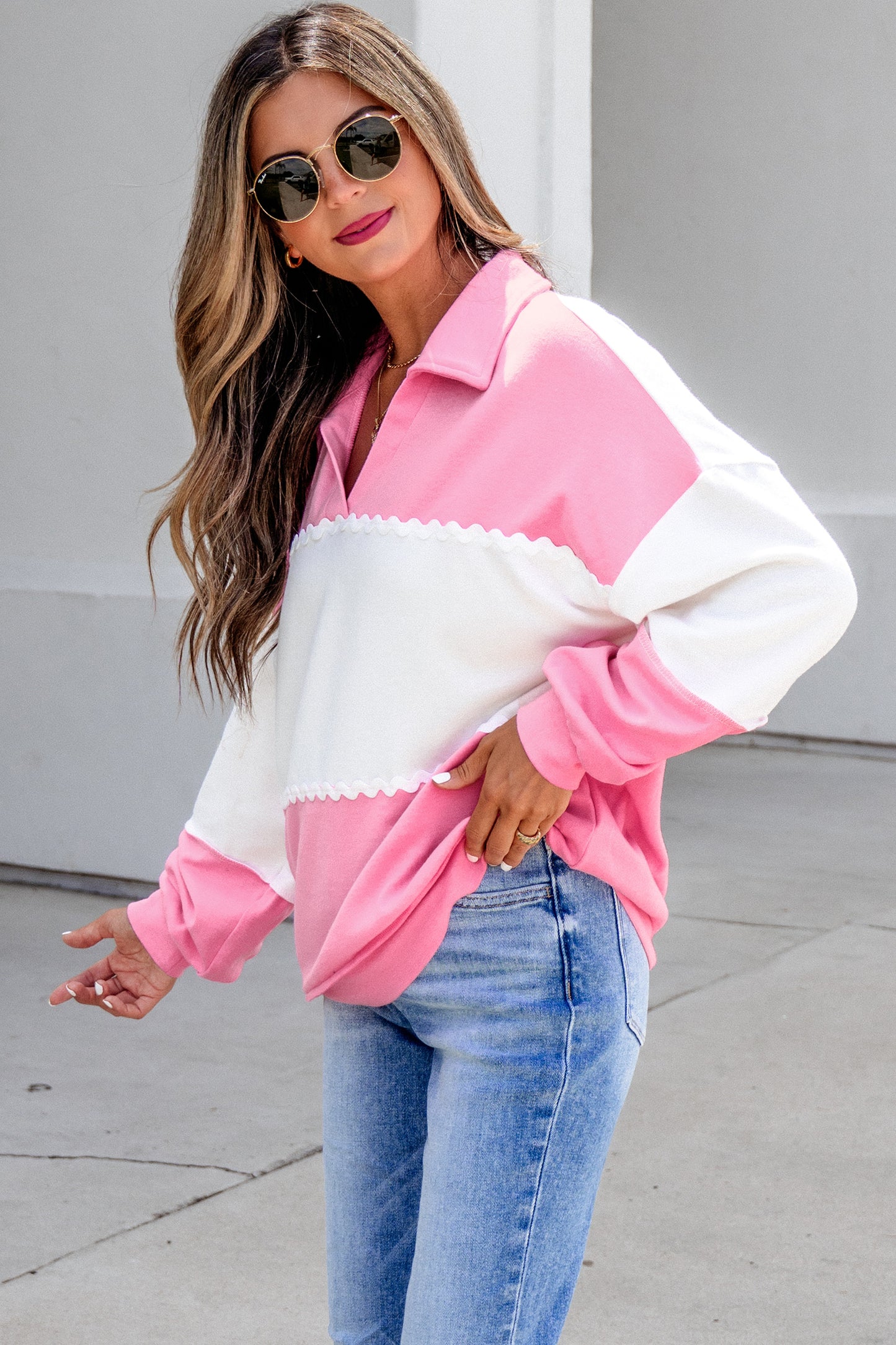 Color Block Ricrac Trim Collared V Neck Long Sleeve Top