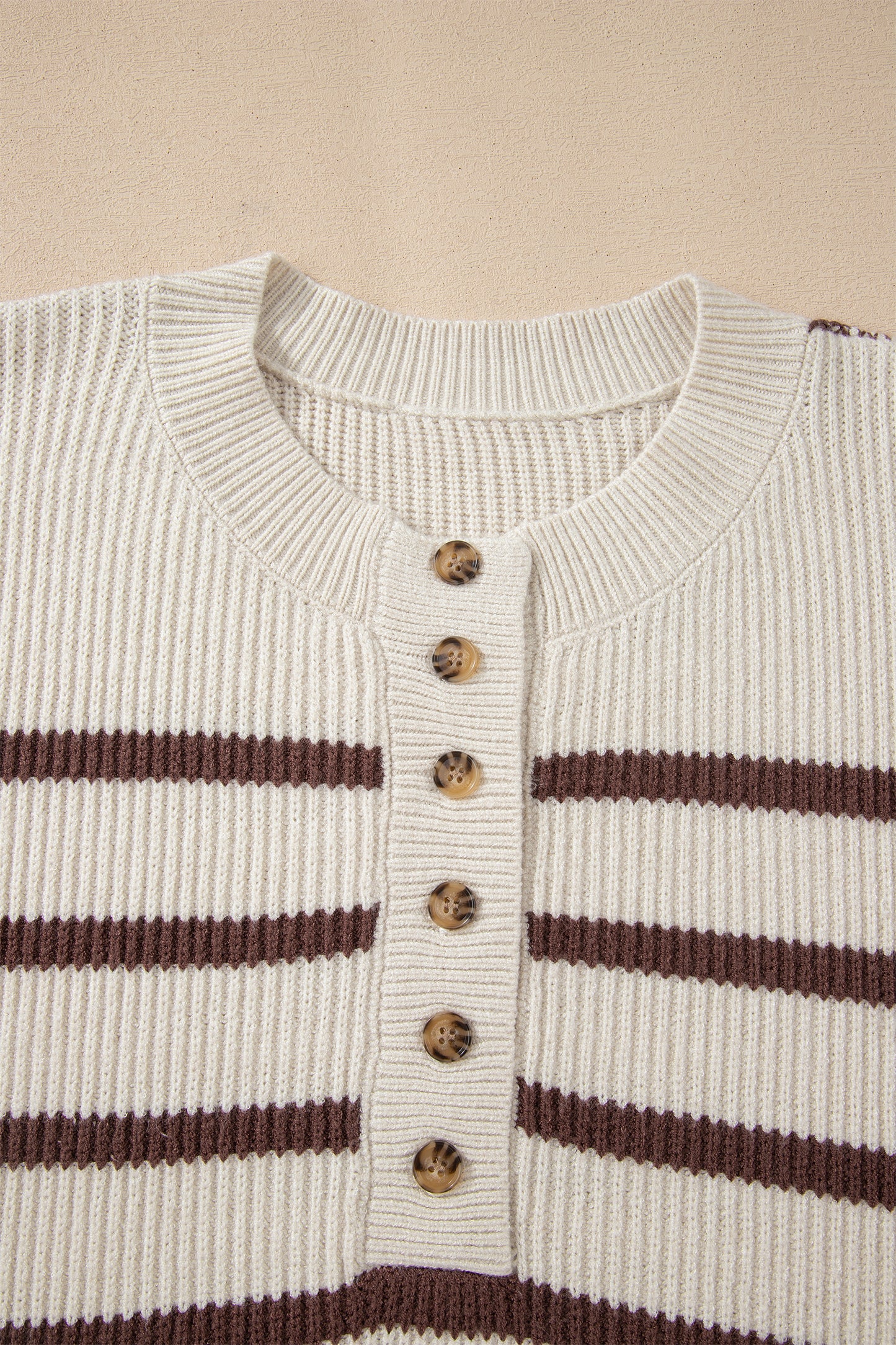 Striped Ribbed Henley Sweater Drop Shoulder Pullover