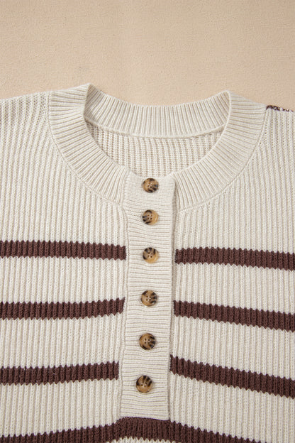 Striped Ribbed Henley Sweater Drop Shoulder Pullover