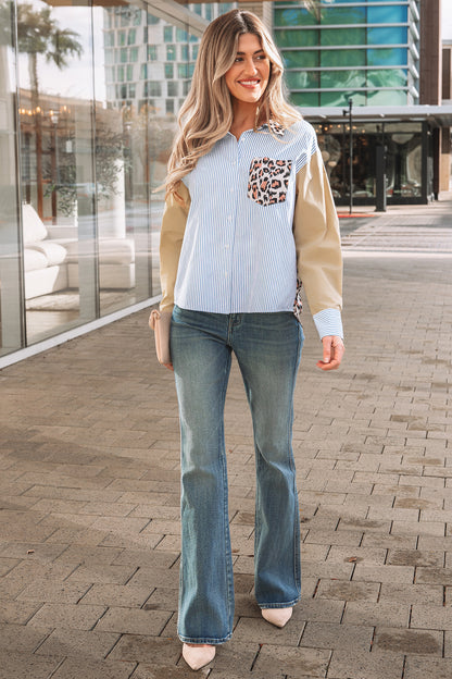 Sky Blue Striped Colorblock Leopard Patchwork Pocket Shirt