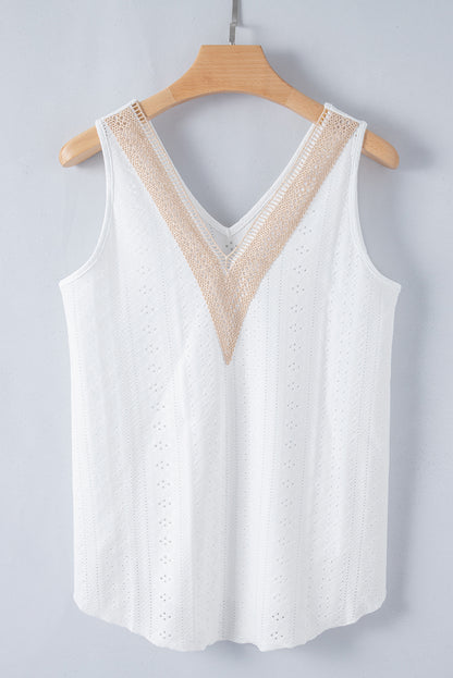 White Lace Crochet V Neck Tank Top Boho Eyelet Blouse
