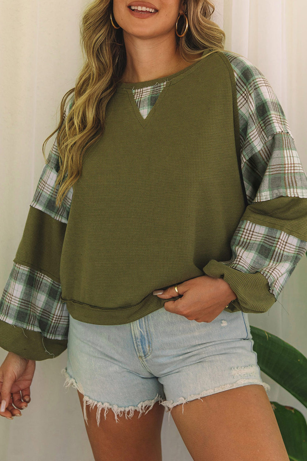 Green Plaid Patch Waffle Knit Exposed Seam Bubble Sleeve Top