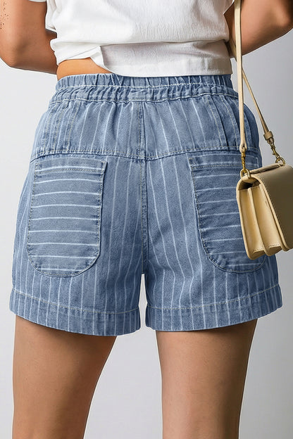 Sky Blue Stripe High Waist Button Denim Shorts Drawstring