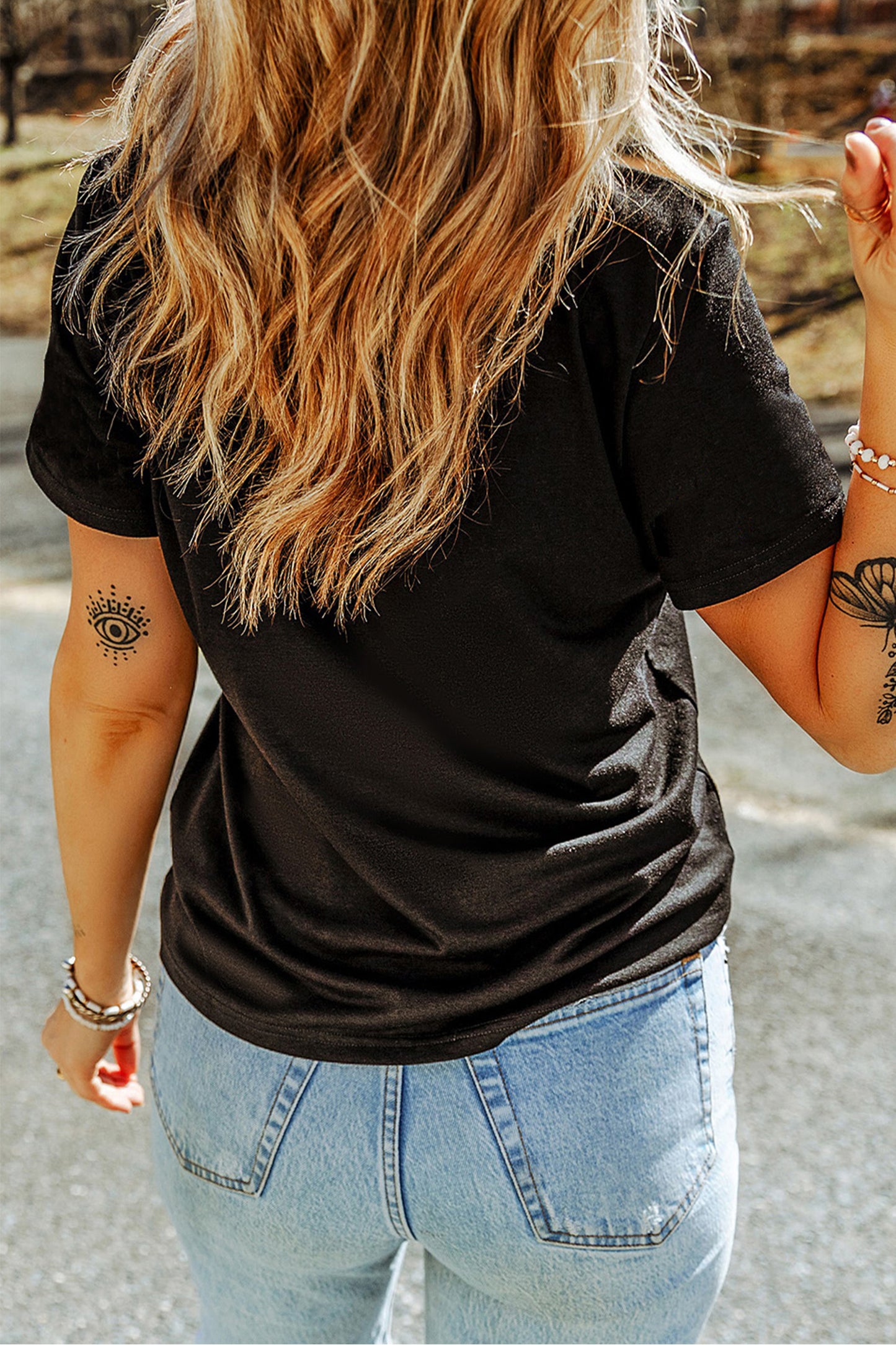 Easter Bunny Floral Graphic Black Casual Spring Tee