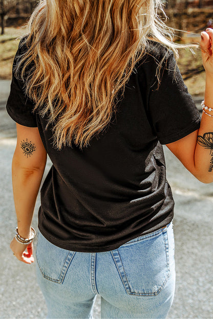 Easter Bunny Floral Graphic Black Casual Spring Tee