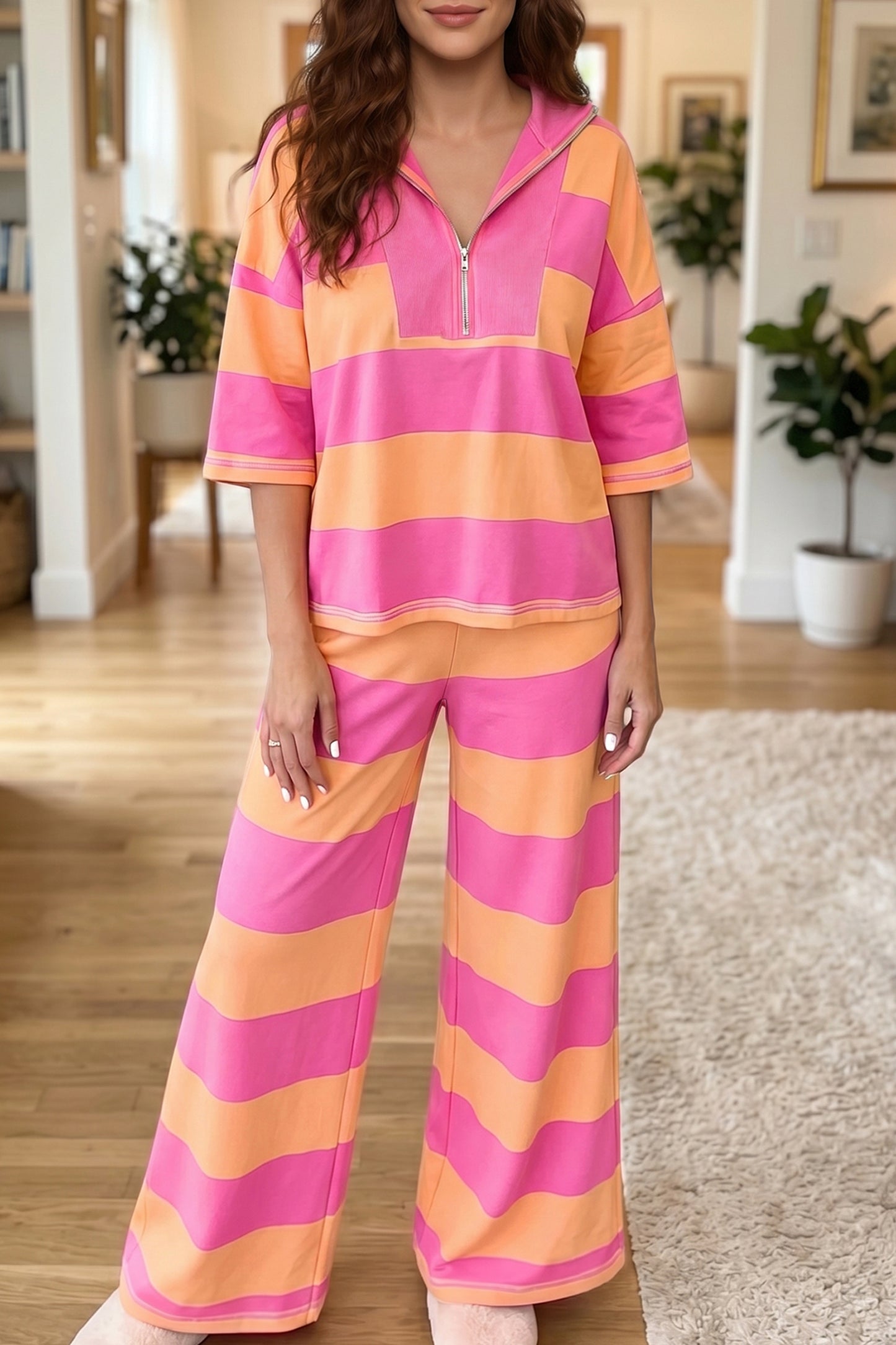 Women's Striped Half Zip Wide Leg Pants 2 Piece Set