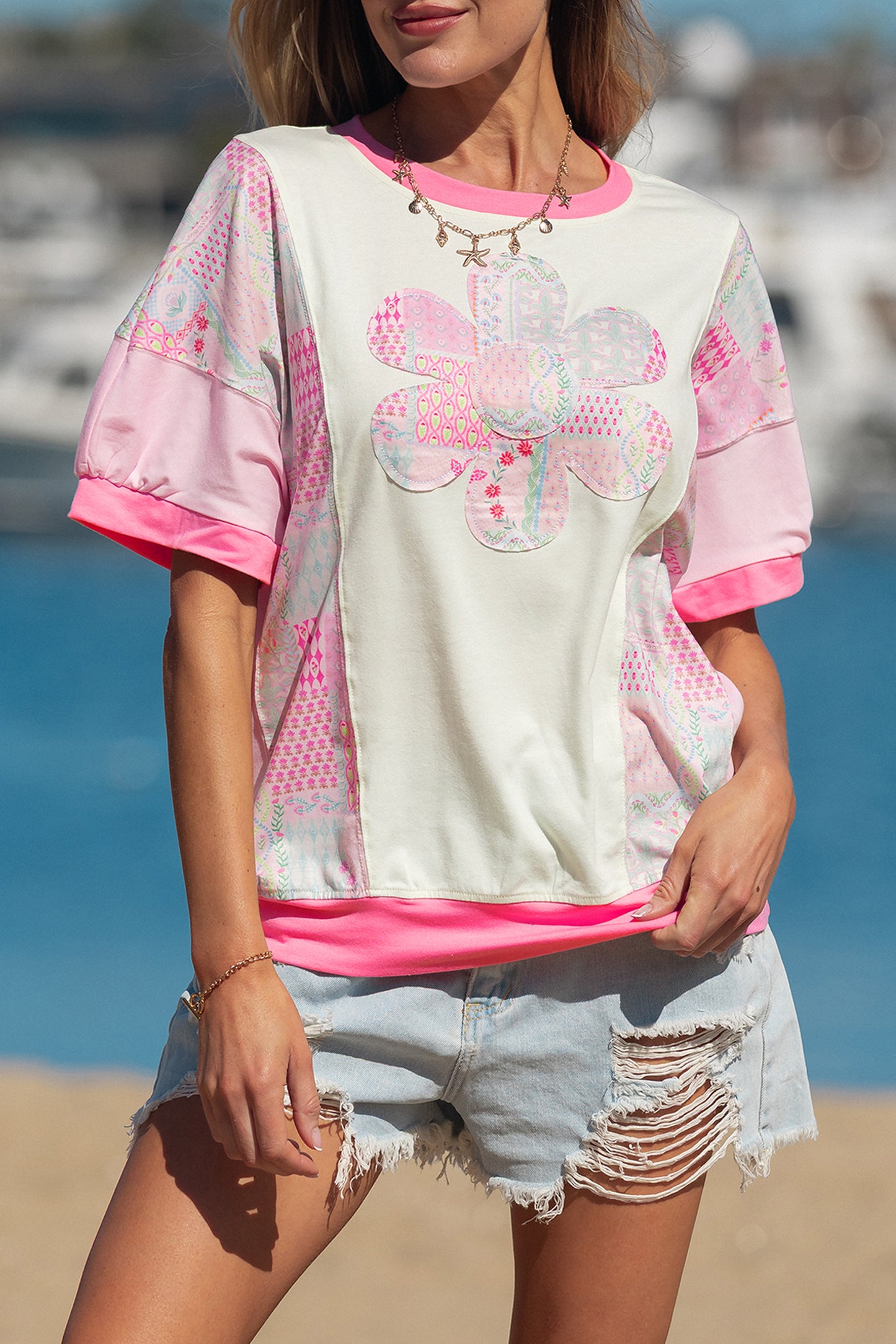 Beige Floral Patchwork Color Block Relaxed Fit Top