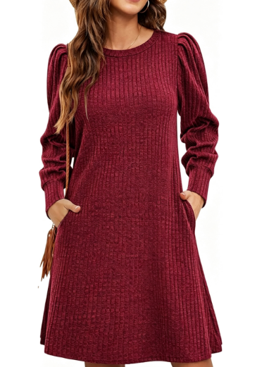 Women's Puff Sleeve Sweater Dress A-Line with Pockets