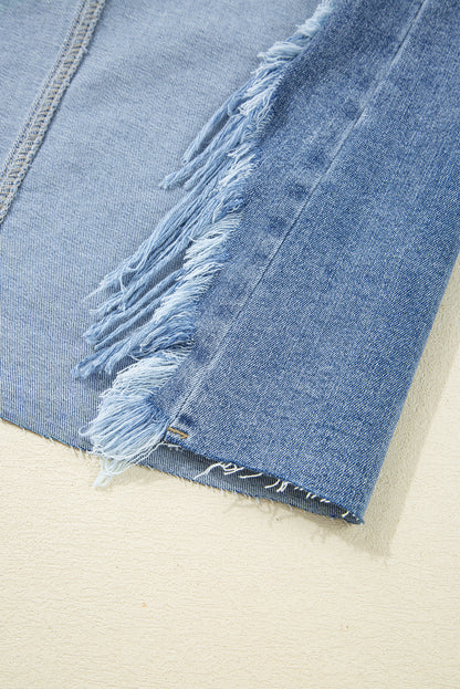 Distressed High Waist Asymmetrical Denim Midi Skirt