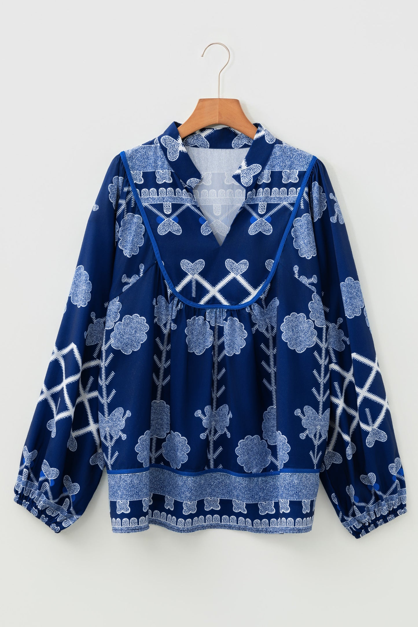 Blue Boho Print Notched V Neck Loose Fit Blouse Top