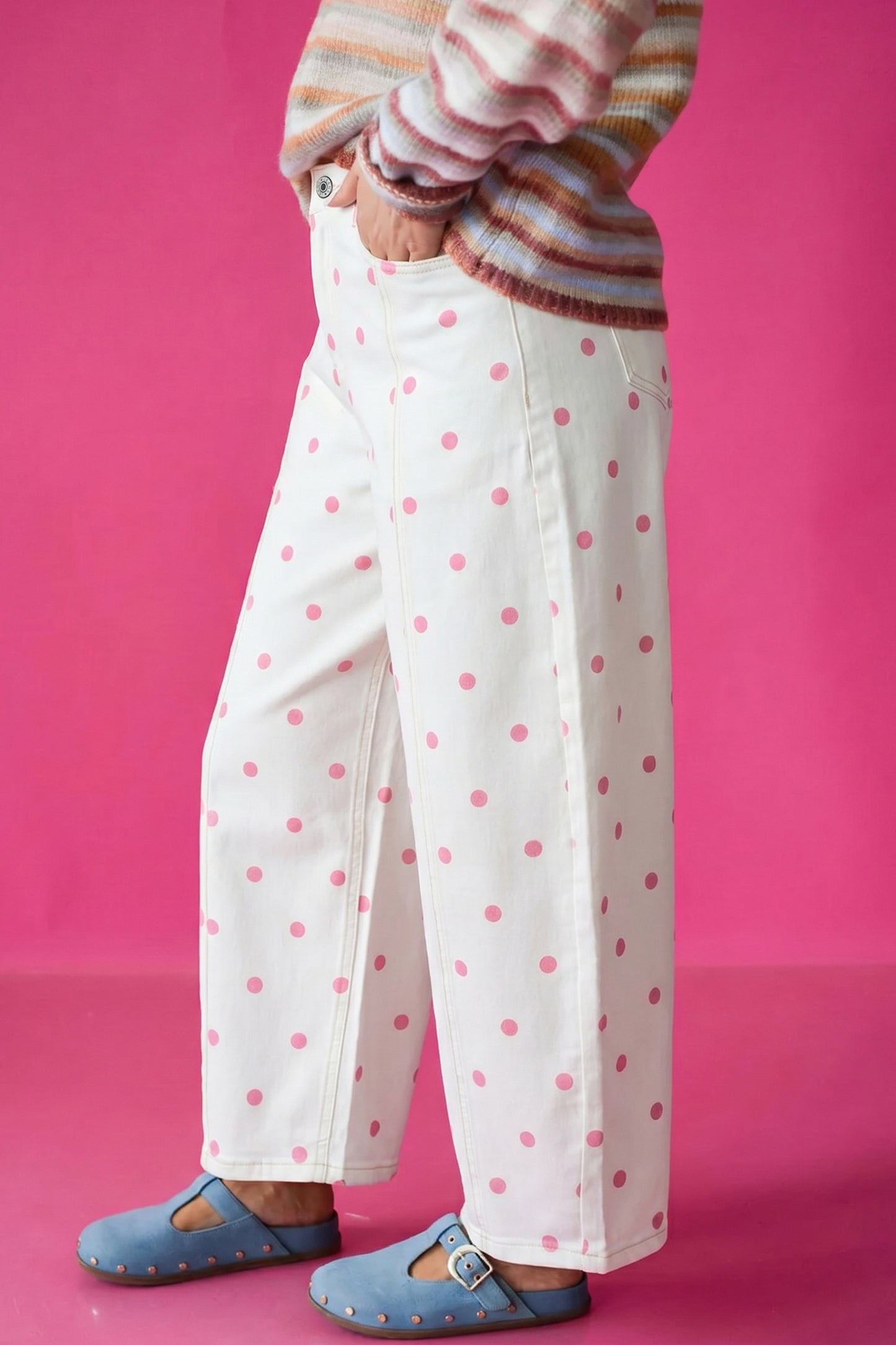 Blue Polka Dot Barrel Jeans High Waist Wide Leg Pants