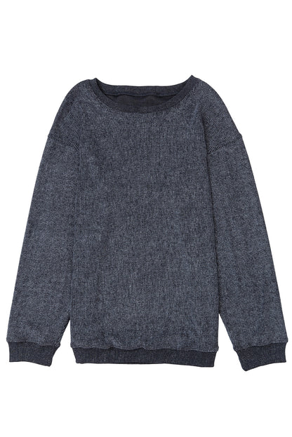 Customizable Solid Ribbed Knit Round Neck Casual PulloverSweatshirt
