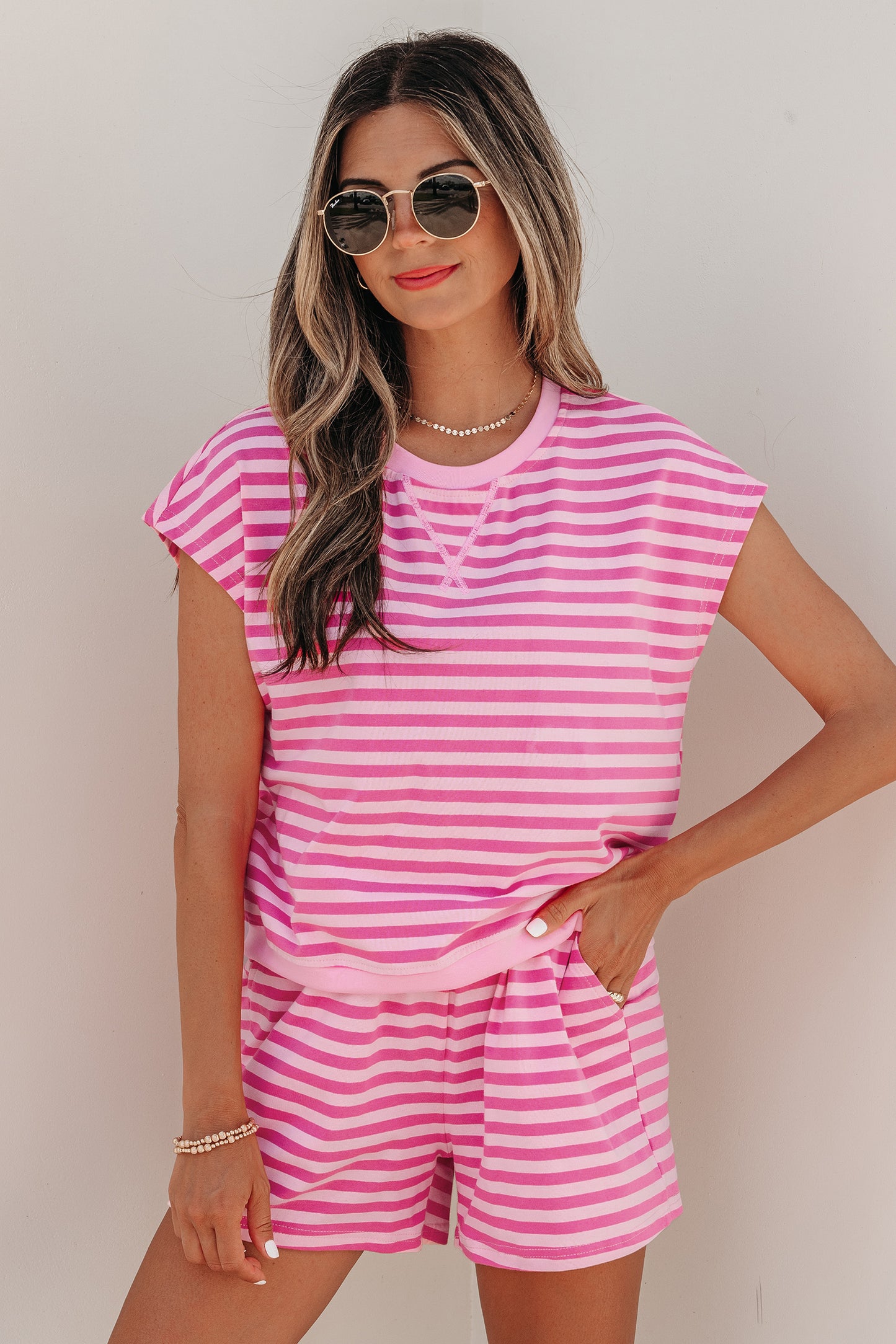 Pink Stripe Cap Sleeve Top and Elastic Waist Shorts Set