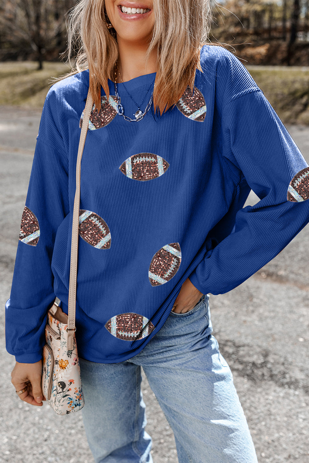 Dark Blue Game Day Sequin Football Patch Ribbed Sweatshirt