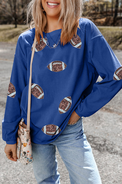 Dark Blue Game Day Sequin Football Patch Ribbed Sweatshirt