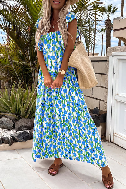 Pink Floral Square Neck Ruffle Sleeve Maxi Dress