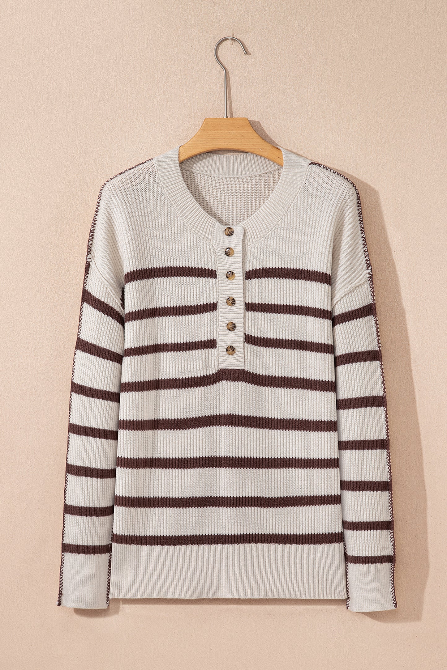 Striped Ribbed Henley Sweater Drop Shoulder Pullover