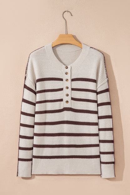 Striped Ribbed Henley Sweater Drop Shoulder Pullover