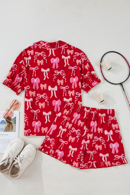 Valentine Red Bow Print Ruffle Pajama Shorts Set for Women