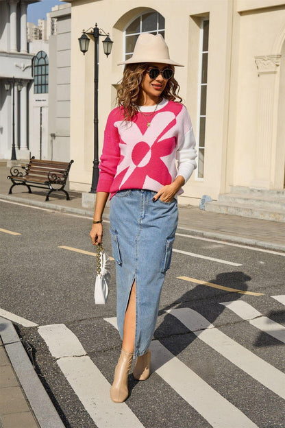 Colorblock Floral Knit Sweater – Pullover Top for Fall Women