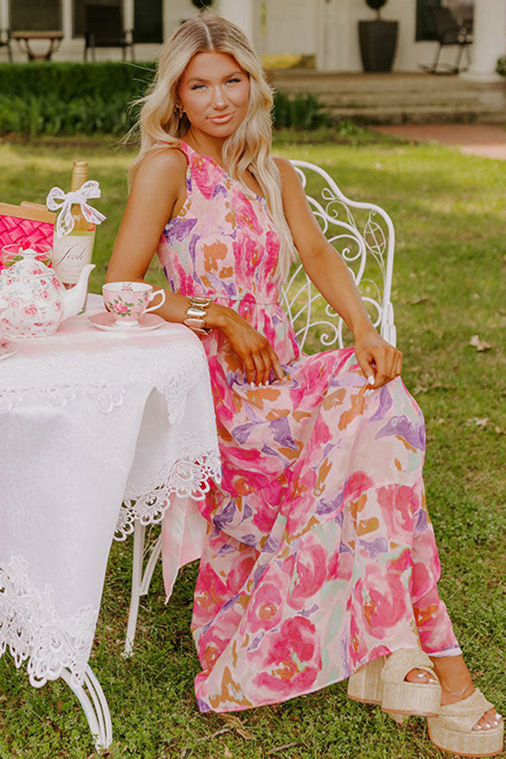Pink Floral One Shoulder Smocked Tiered Maxi Dress