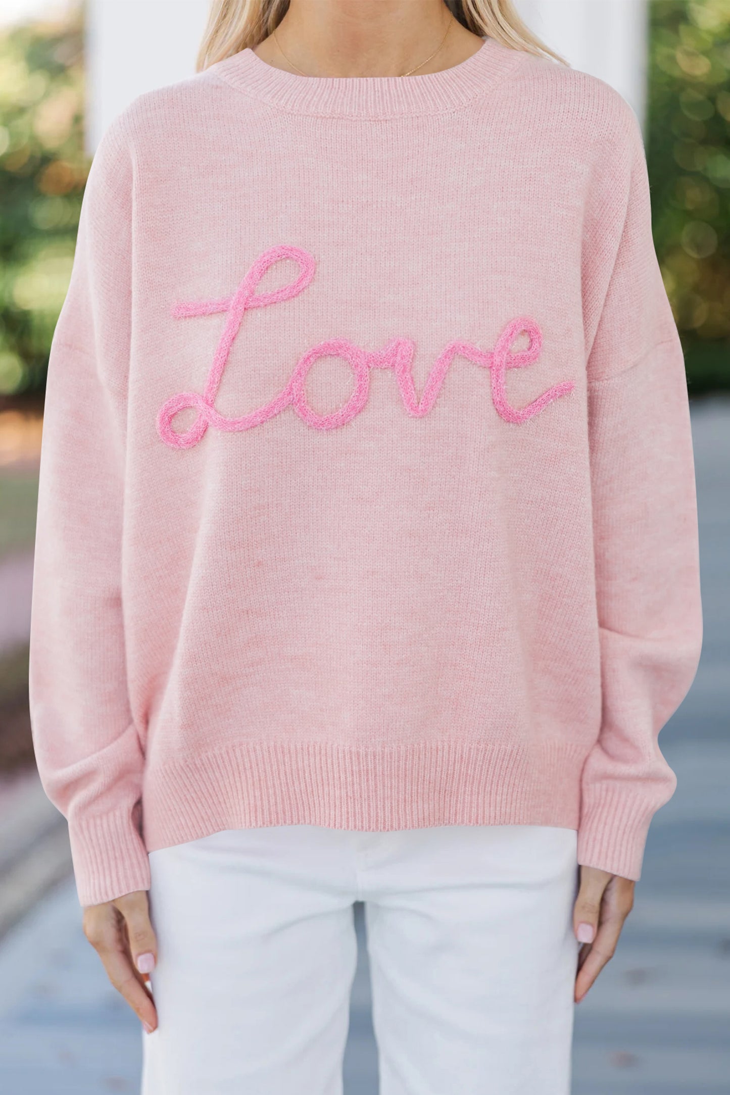 Valentine Pink Love Script Corded Knit Sweater