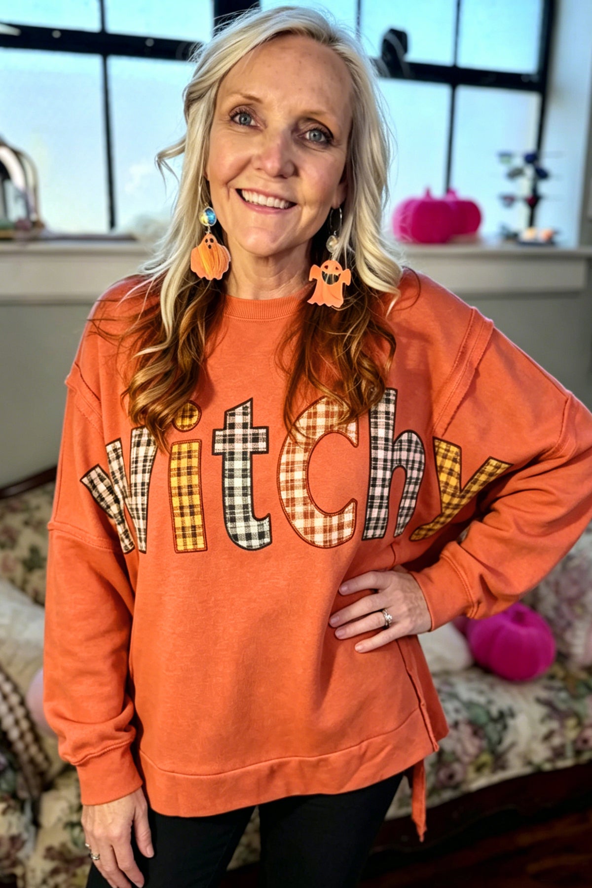 Flamingo Halloween Witchy Plaid Patch Sweatshirt