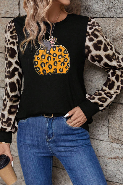 Halloween Pumpkin Graphic Leopard Sleeve Knit Top