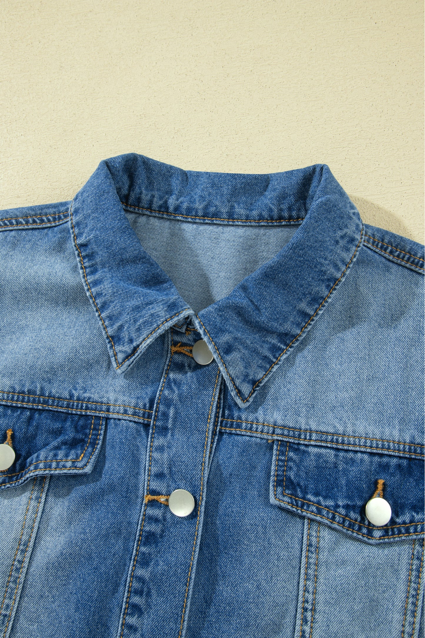 Ruffle Trim Raw Hem Half Sleeve Cropped Denim Jacket