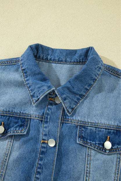 Ruffle Trim Raw Hem Half Sleeve Cropped Denim Jacket