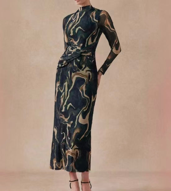 Long Sleeve Mesh Abstract Bodycon Maxi Dress
