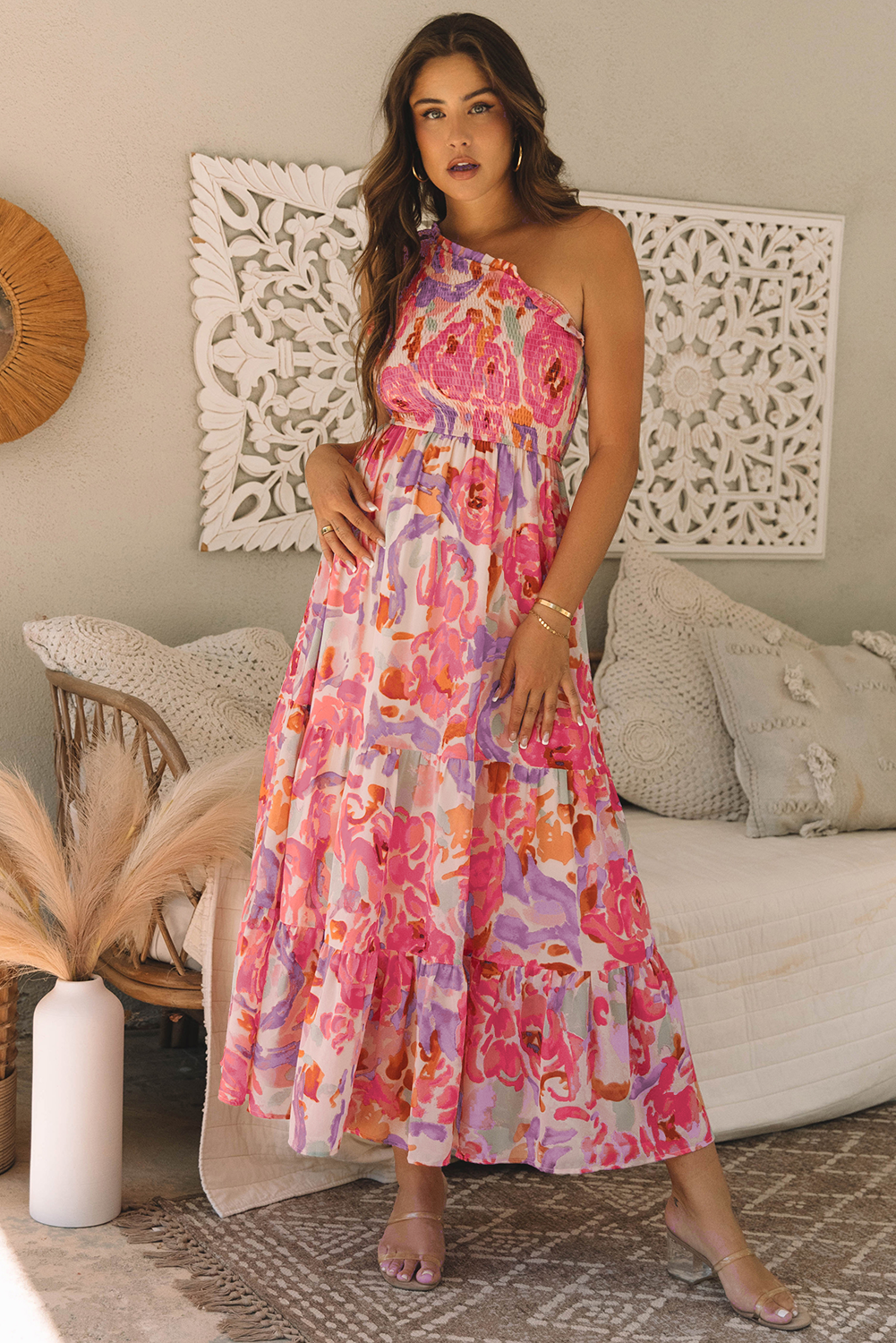 Pink Floral One Shoulder Smocked Tiered Maxi Dress