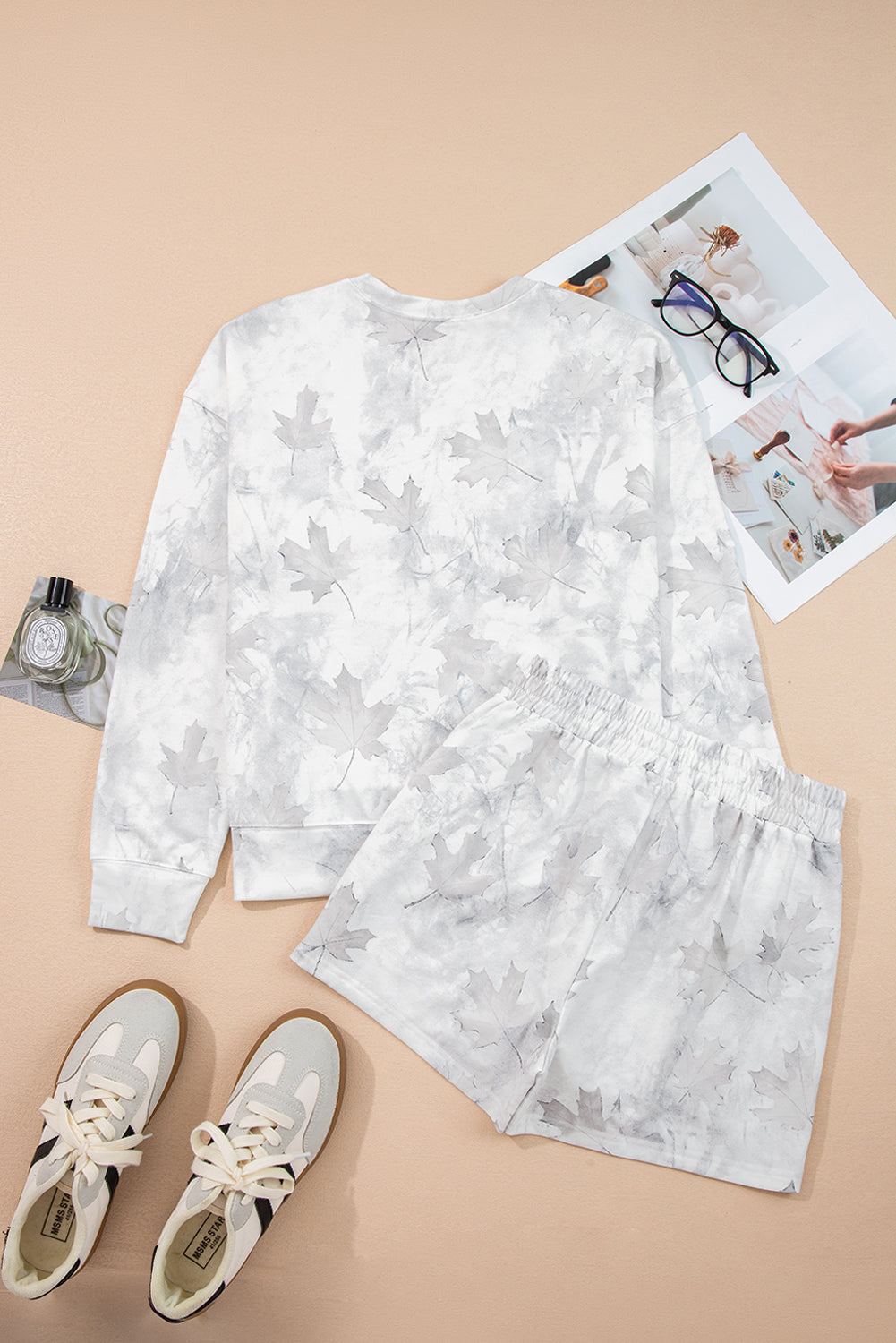 Beige Camo Print Lounge Pullover and Elastic Waist Short Set