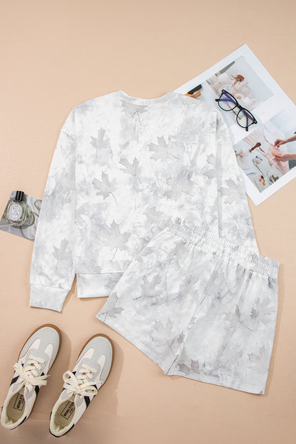 Beige Camo Print Lounge Pullover and Elastic Waist Short Set